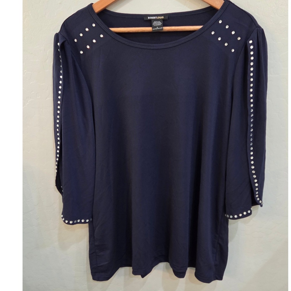 Vintage Flowy Robert Louis Navy Blue Studded Split Sleeve Blouse Large Top Soft